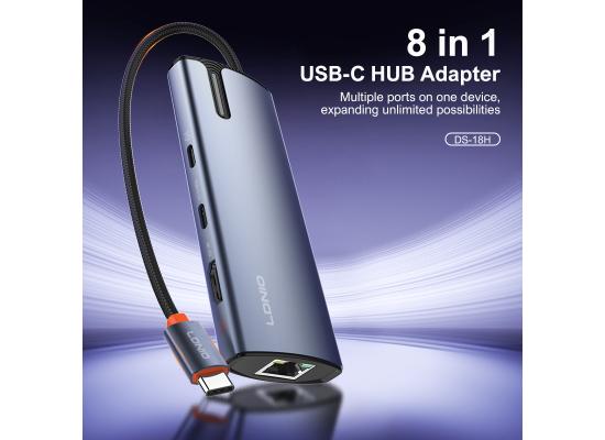 LDNIO DS-18H New Trending 8 in 1 Type-C to USB-C 3.0*1+USB C2.0/Pd100W*1+HDMI*1+USB3.0*2+RJ45*1+SD2.0*1+TF2.0*100W PD Charging Docking Station for Laptop mac- Gray
